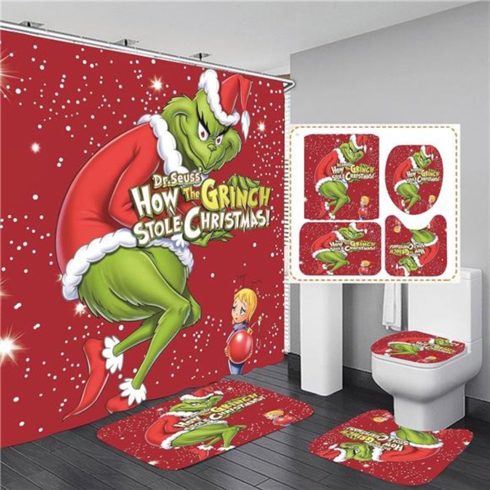 4 Pcs Christmas Shower Curtain Rug Bath Mat Toilet Lid Cover for Bathroom